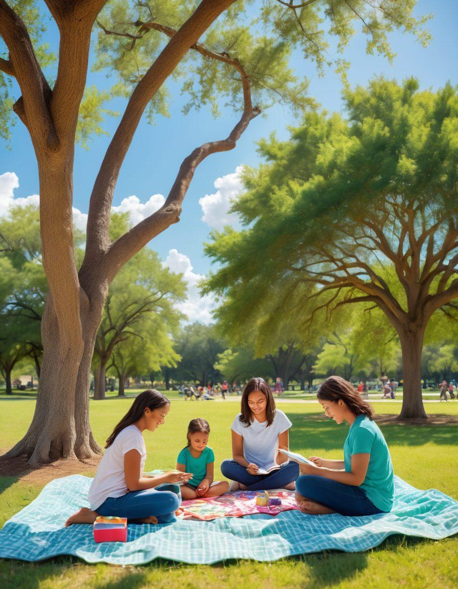 A warm and inviting scene showing a diverse group of parents interacting with their children in a sunny Texas park, highlighting key activities like reading, playing, and engaging in outdoor learning. Emphasize the beauty of Texas nature with blue skies and vibrant green trees, while incorporating symbols of pediatric development like building blocks and art supplies. Capture joyful expressions and moments of connection between parents and children. super-realistic. pastel colors. bright and cheerful atmosphere.