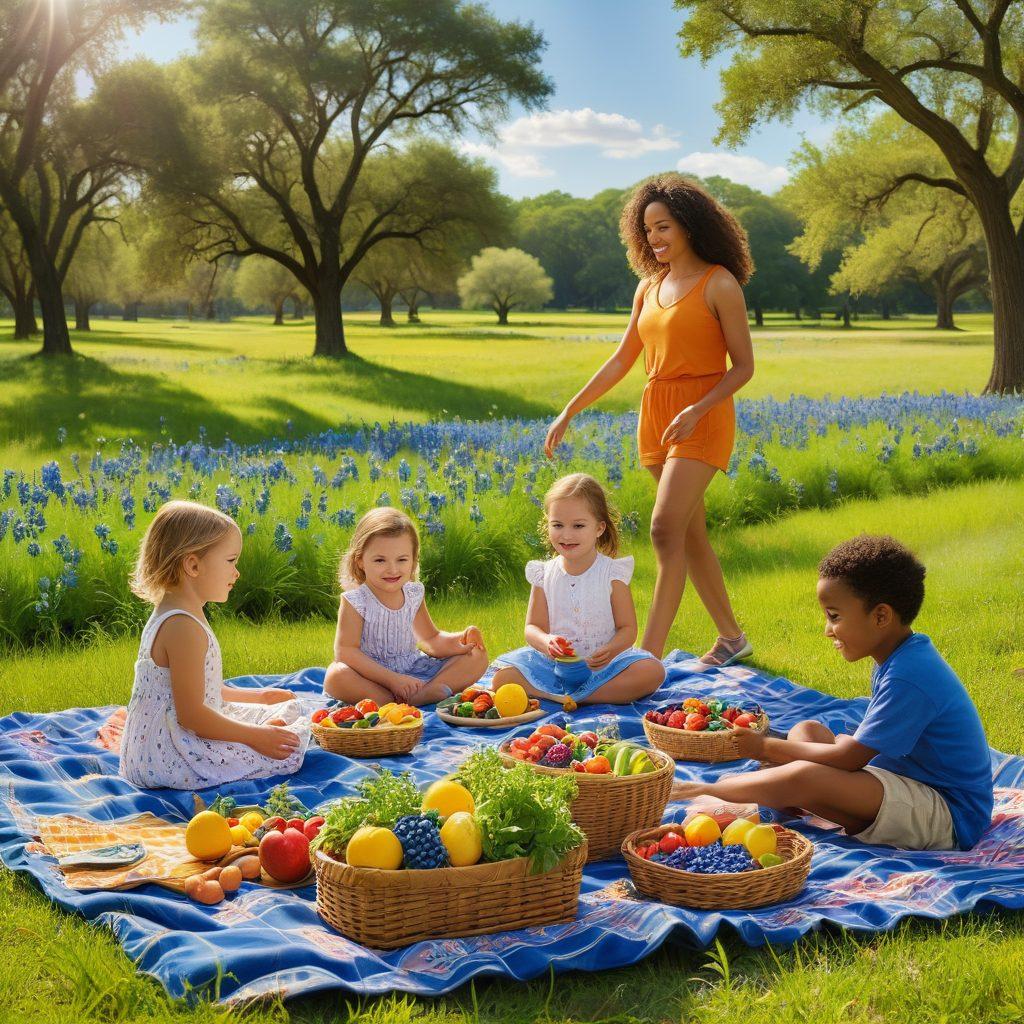 A warm and inviting Texas landscape featuring a diverse family engaged in outdoor activities, emphasizing healthy living and parenting. Illustrate a picnic with healthy foods, children playing, and parents encouraging active lifestyles. Include elements of nature, like bluebonnets and a cheerful sun in the clear sky to evoke a sense of wellbeing and community. super-realistic. vibrant colors. warm tones.