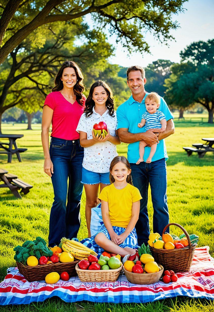 A vibrant Texas landscape featuring a family engaged in outdoor play, surrounded by healthy food options like fresh fruits and vegetables. The sun is shining down, creating a warm and inviting atmosphere. In the background, the iconic Texas shape is subtly integrated into the scene, symbolizing the Lone Star State. The family members are laughing and enjoying a picnic, emphasizing the balance of fun and nutrition. vibrant colors. super-realistic.